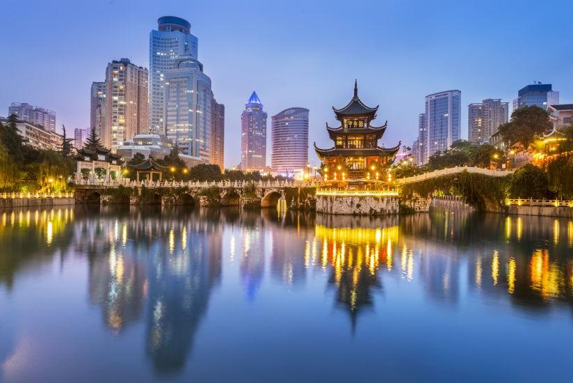 Cityscape of Guiyang at night, Jiaxiu Pavilion on the Nanming River. Located in Guiyang City, Gui...